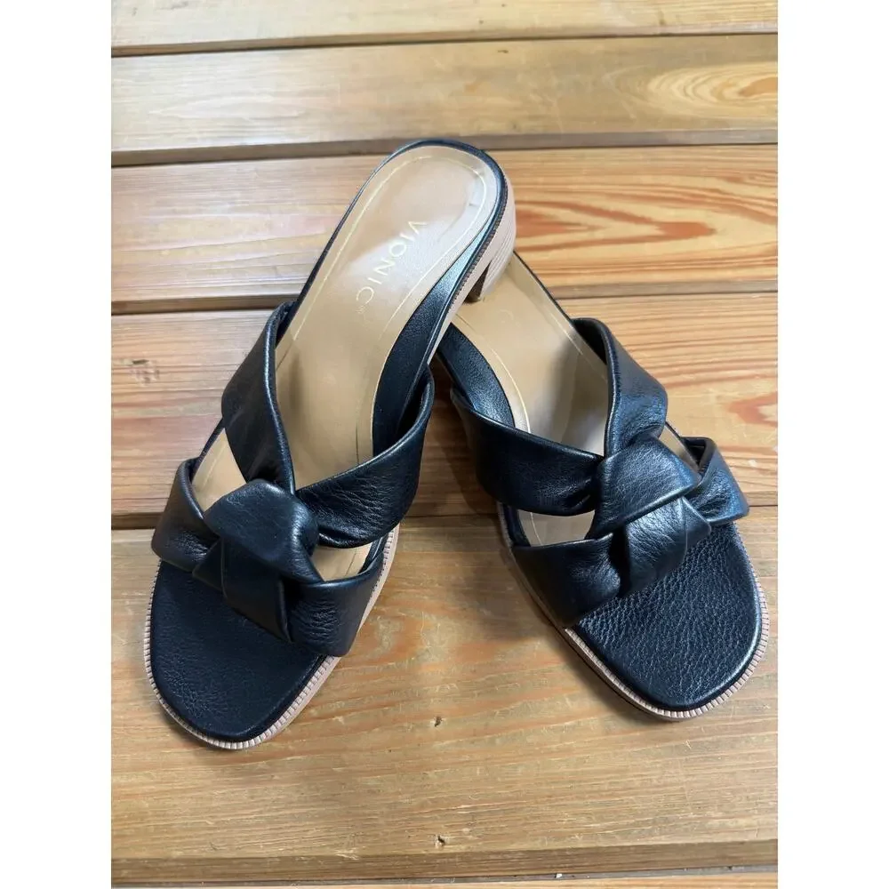 Vionic Black Leather Knotted Slide Sandals Women’s 8.5 Comfort Platform Mule